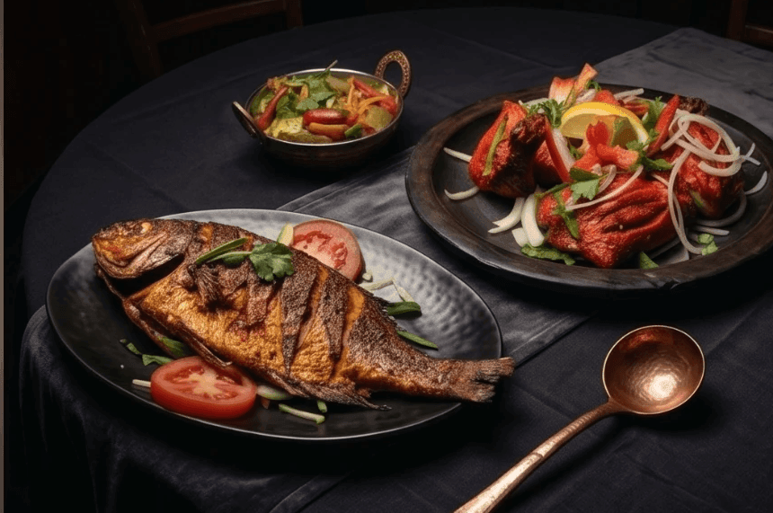 Concept: whole fish and tandoori chicken table spread, dark studio lighting