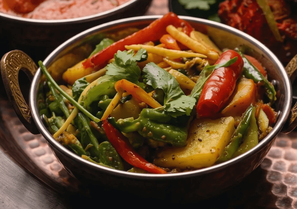 Concept: mixed vegetable curry, dark studio lighting